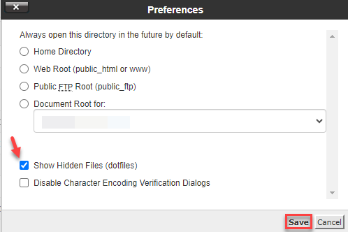 Check hidden files in cPanel